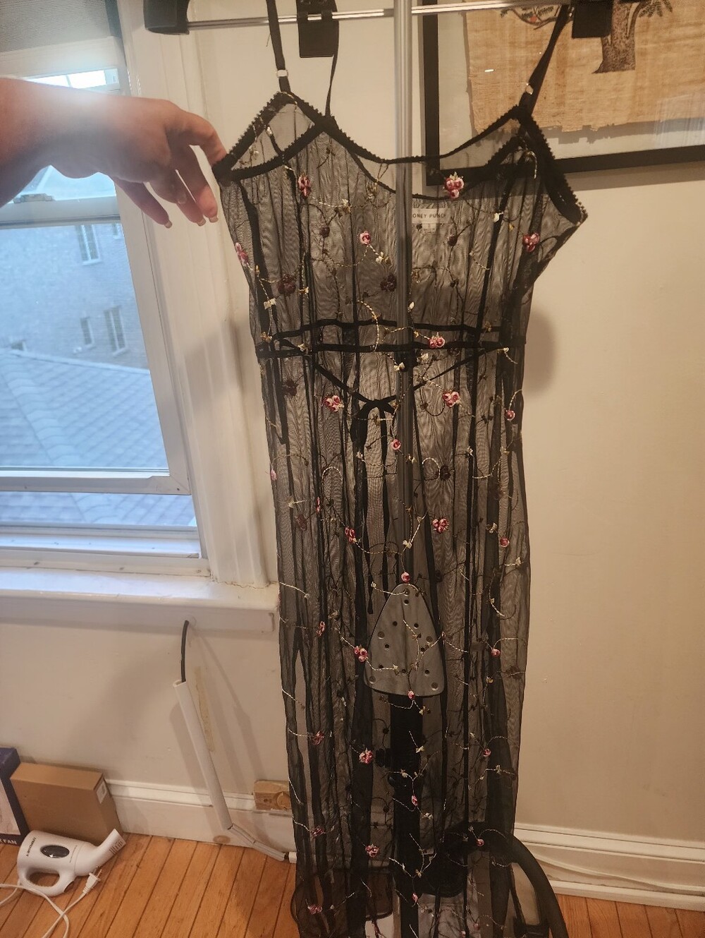 Honey Punch Black Sheer Maxi Dress with Pink Floral Embroidery